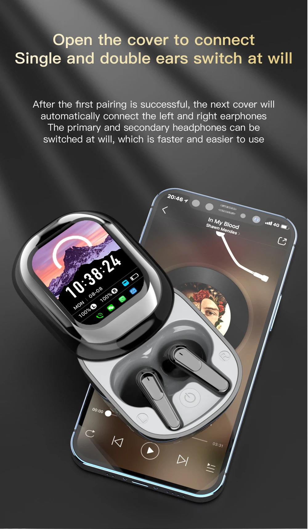 All-in-One Smart Screen Earphones, TWS Headphones with Call/AI translation