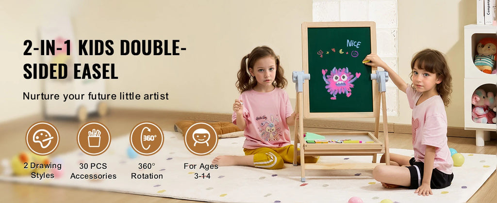SucceBuy Kids Art Easel – 3-in-1 Wooden Chalkboard, Whiteboard & Study Desk Drawing Set
