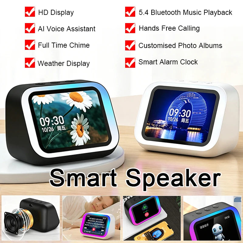 AI Smart Bluetooth 5.4 Speaker With RGB Color Lighting Smart Alarm Clock Voice assistant Touch Screen LED Weather Clock Display
