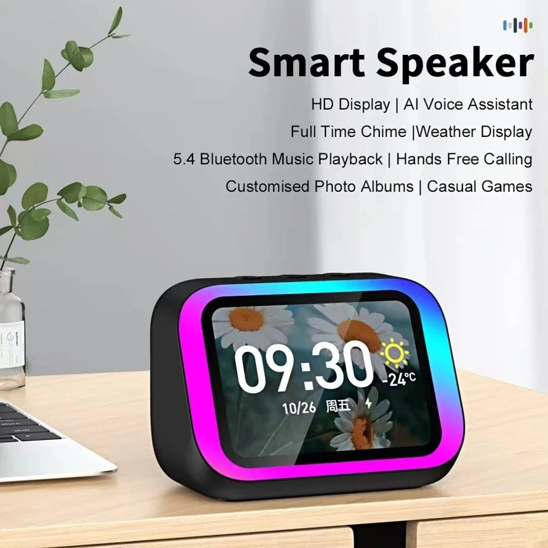 AI Smart Bluetooth 5.4 Speaker With RGB Color Lighting Smart Alarm Clock Voice assistant Touch Screen LED Weather Clock Display
