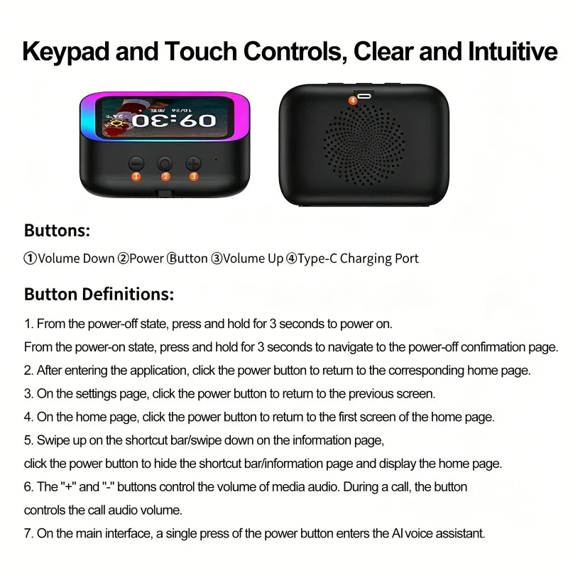 AI Smart Bluetooth 5.4 Speaker With RGB Color Lighting Smart Alarm Clock Voice assistant Touch Screen LED Weather Clock Display