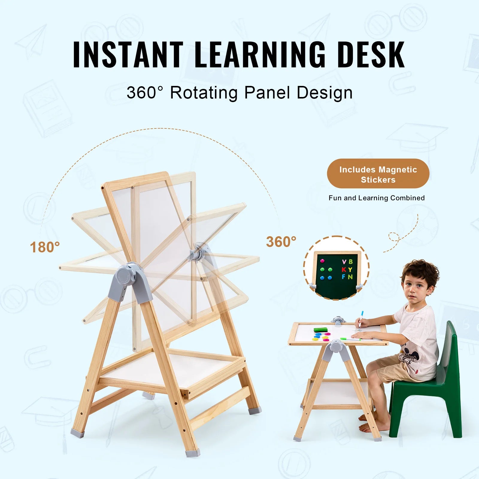 SucceBuy Kids Art Easel – 3-in-1 Wooden Chalkboard, Whiteboard & Study Desk Drawing Set