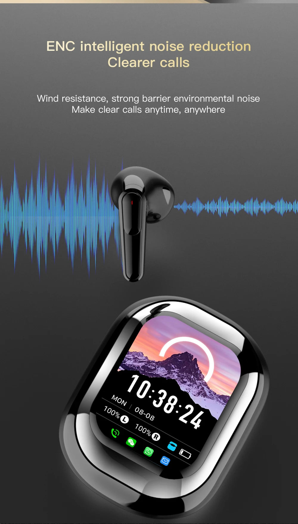 All-in-One Smart Screen Earphones, TWS Headphones with Call/AI translation