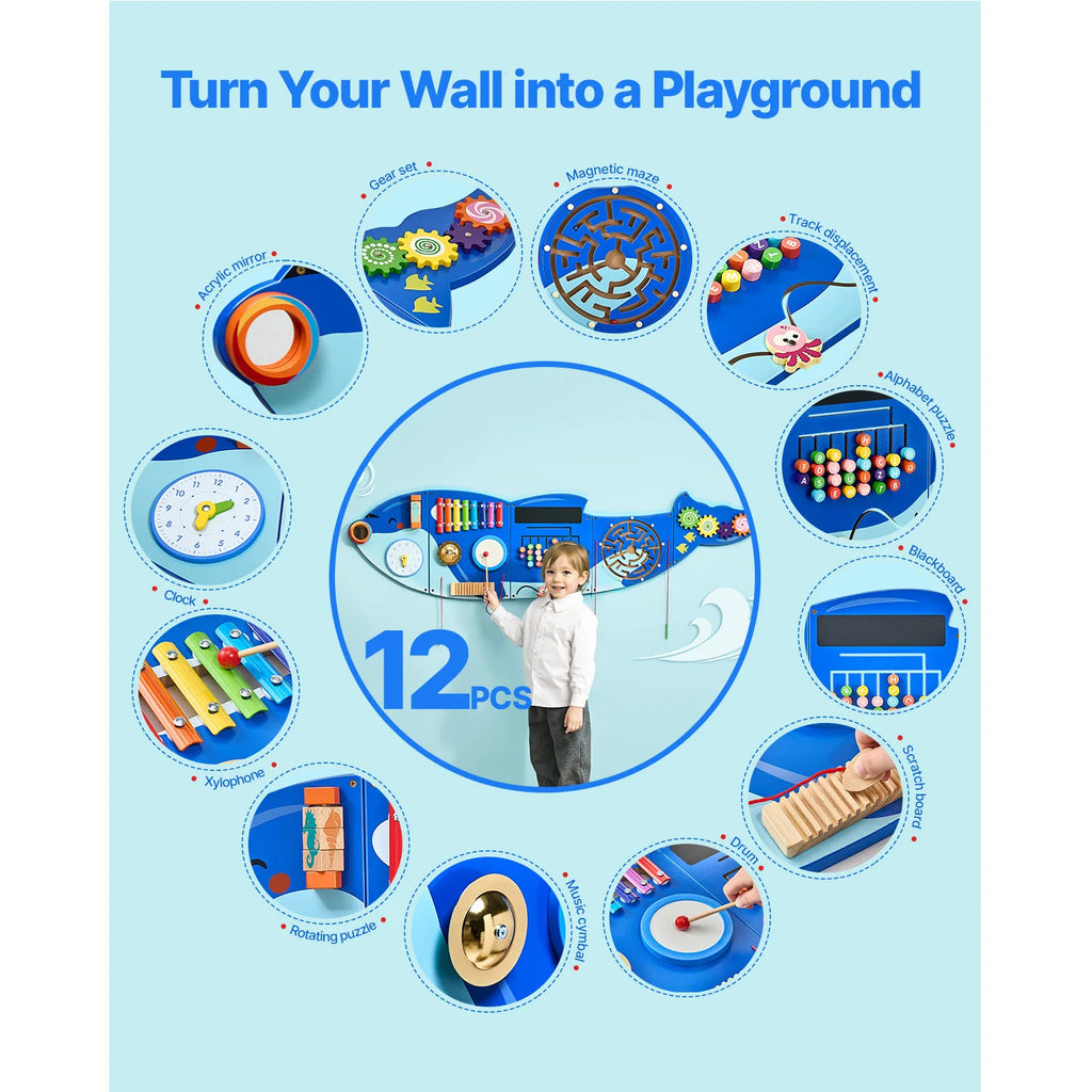 Montessori Animal Activity Wall Panel for Kids – Wooden Sensory Busy Board with 12 Interactive Games