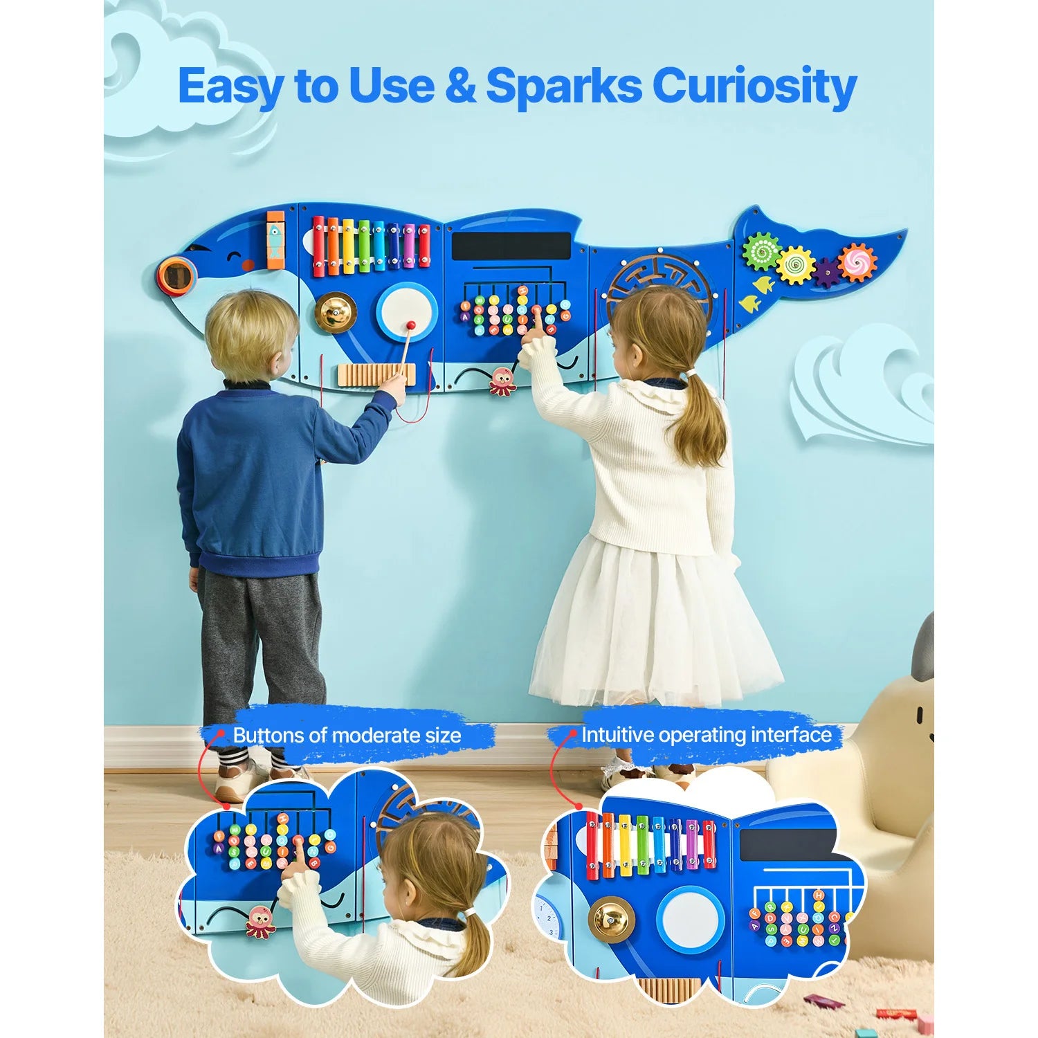 Montessori Animal Activity Wall Panel for Kids – Wooden Sensory Busy Board with 12 Interactive Games