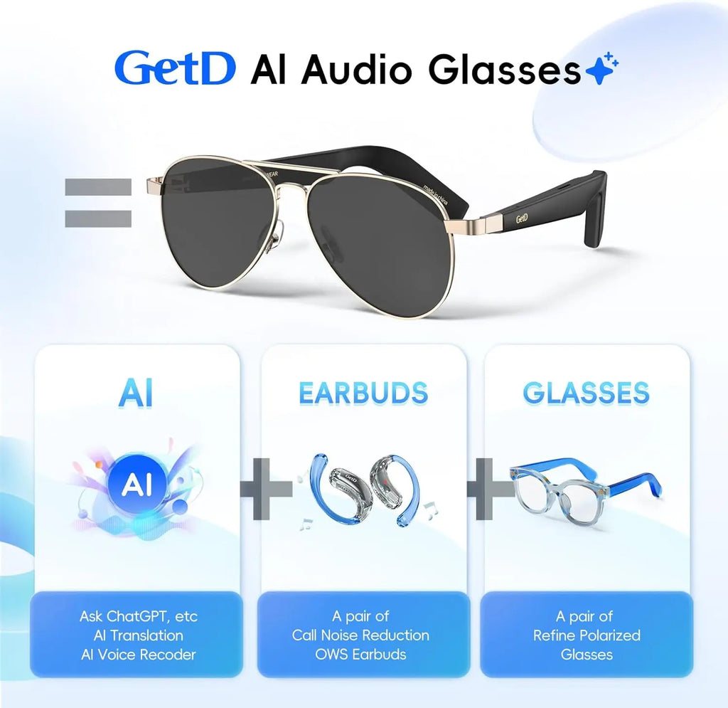 AI Smart Glasses with ChatGPT Translation, Open-Ear Audio, Polarized Aviator Sunglasses for Men Women