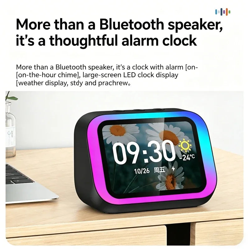 AI Smart Bluetooth 5.4 Speaker With RGB Color Lighting Smart Alarm Clock Voice assistant Touch Screen LED Weather Clock Display