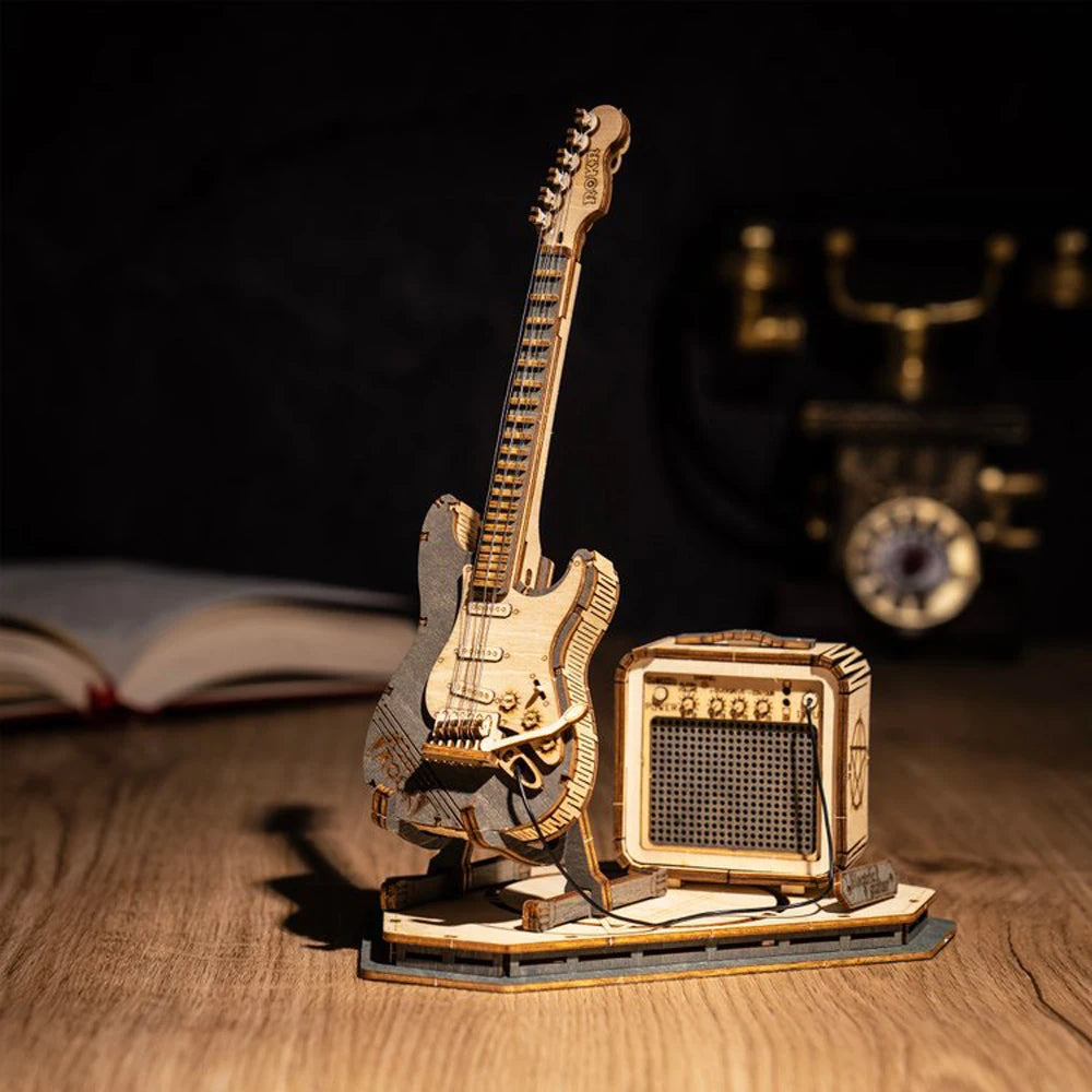 Robotime ROKR Electric Guitar 3D Wooden Puzzle Kit – DIY Music Model Gift for Teens & Adults
