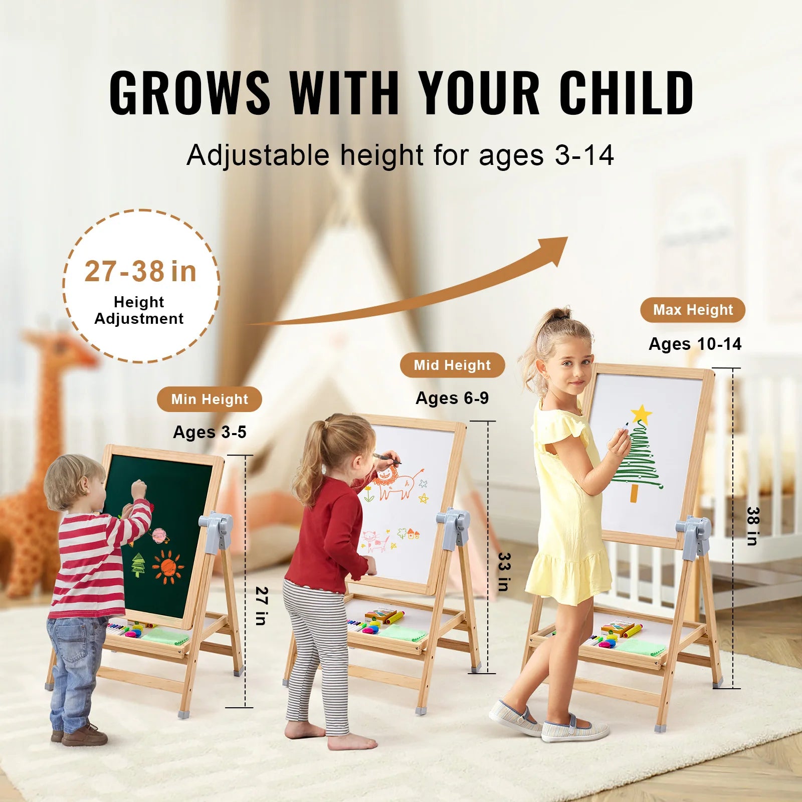 SucceBuy Kids Art Easel – 3-in-1 Wooden Chalkboard, Whiteboard & Study Desk Drawing Set