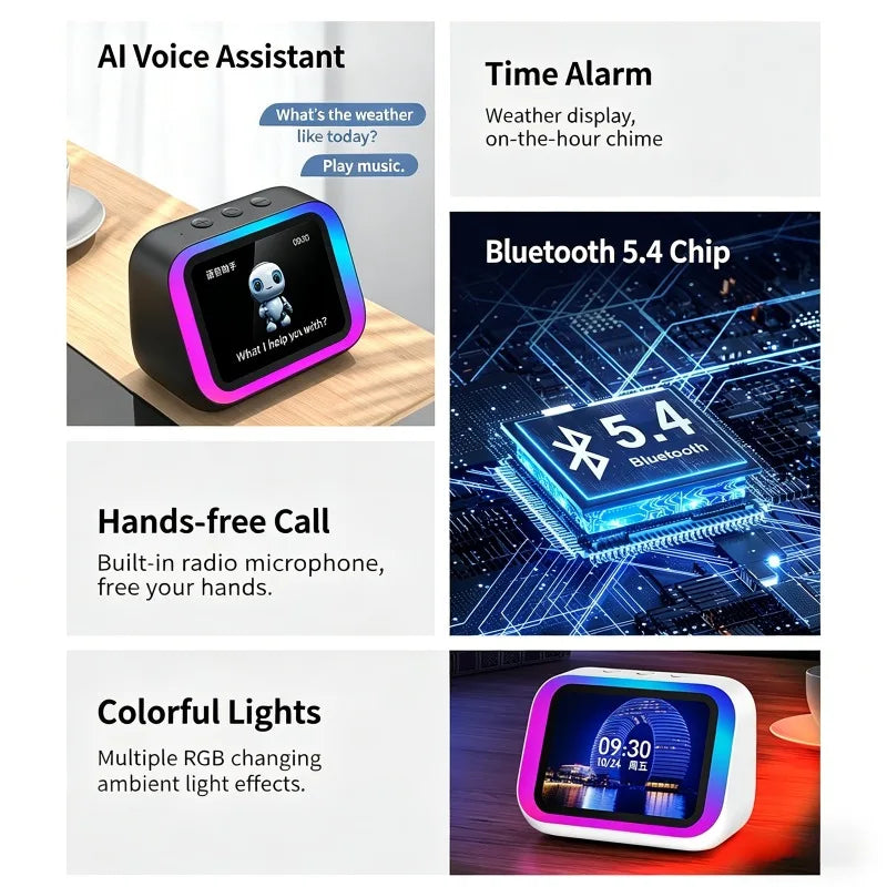 AI Smart Bluetooth 5.4 Speaker With RGB Color Lighting Smart Alarm Clock Voice assistant Touch Screen LED Weather Clock Display