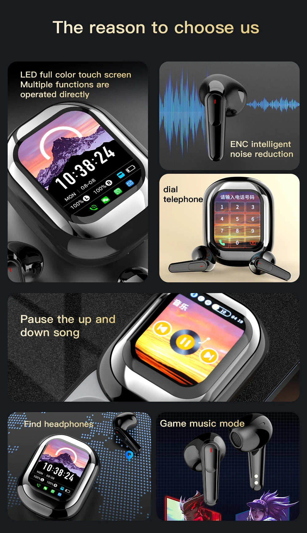All-in-One Smart Screen Earphones, TWS Headphones with Call/AI translation