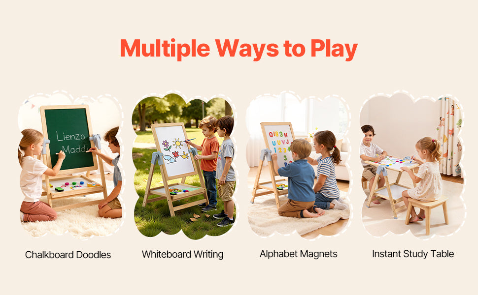 SucceBuy Kids Art Easel – 3-in-1 Wooden Chalkboard, Whiteboard & Study Desk Drawing Set