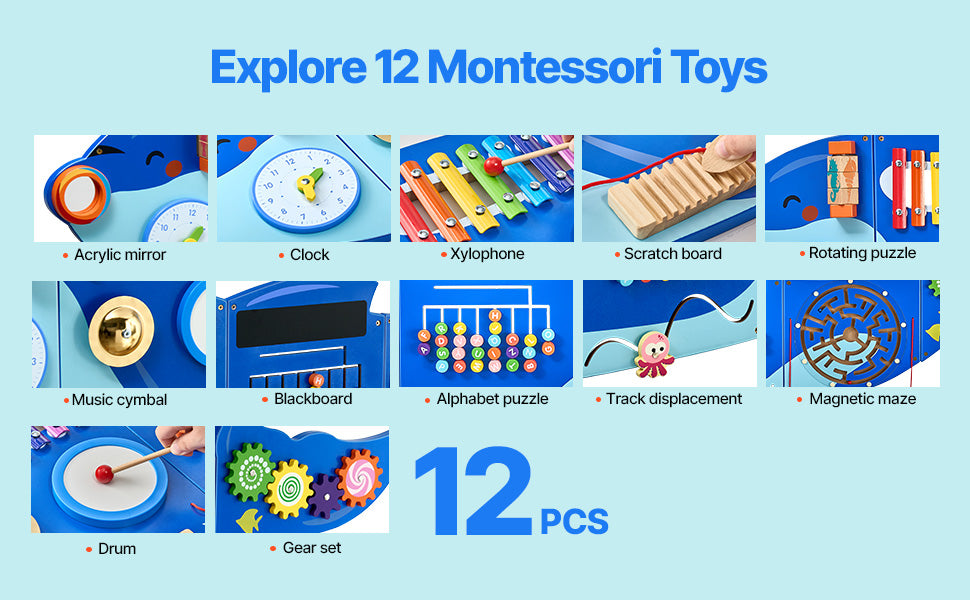 Montessori Animal Activity Wall Panel for Kids – Wooden Sensory Busy Board with 12 Interactive Games