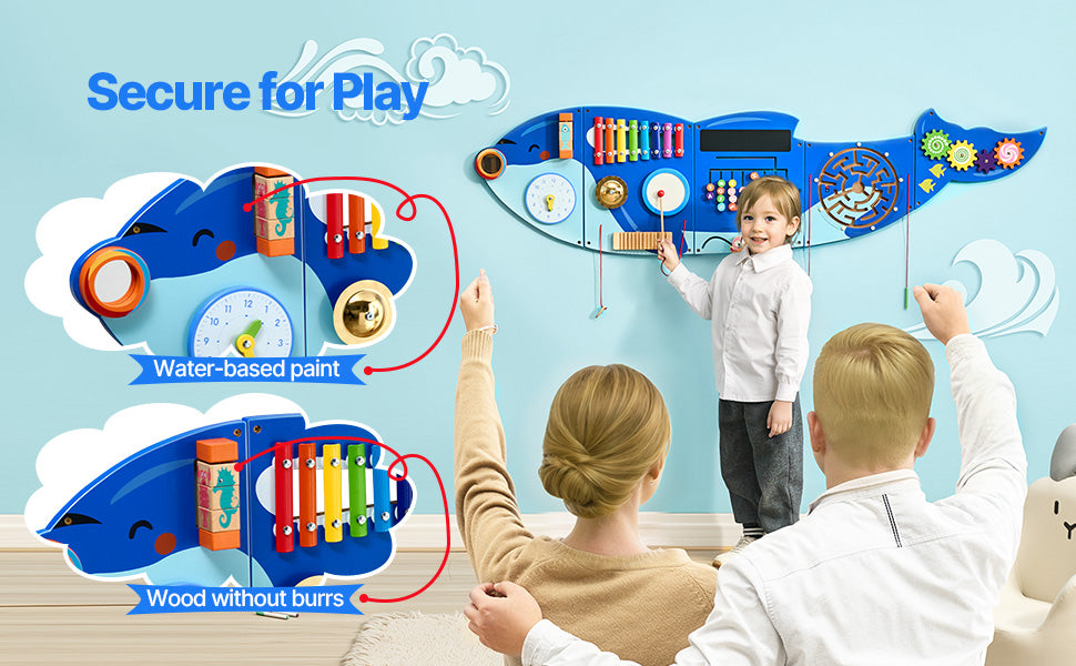 Montessori Animal Activity Wall Panel for Kids – Wooden Sensory Busy Board with 12 Interactive Games